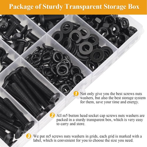 242 Pieces M5 Screws Nuts Washers Set Black, Sutemribor M5 x 8/10/12/16/20/25/30mm Button Head Socket Cap Screws Nuts Washers Assortment Kit, 10.9 Grade Alloy Steel, Fully Threaded