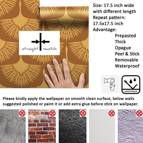 Livelynine Retro Mustard Yellow Bird Wallpaper Peel and Stick Art Deco Crane Wall Paper Removable Contact Paper Waterproof Terracotta Dark Orange Japanese Birds Self Adhesive Wall Covering 17.5x78.8"