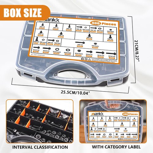 mankk 400PCS Metric Grade 10.9 Flange Bolts and Nuts Assortment Kit M6x1.0, M8x1.25, M10x1.5 (12mm to 45mm) Black Alloy Steel Class Hex Bolts and Nuts Washers Kit for Automotive