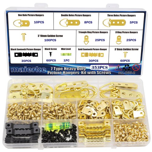 maierke 353PCS Golden Picture Hanging Kit,Picture Hangers Heavy Duty Picture Hanging Hooks with Screws,Picture Frame Hooks Heavy Duty Picture Framing Supplies Kit for Picture Hanging(7 Types)