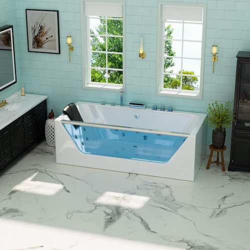 Empava 67” Whirlpool Bathtub with Chromatherapy, Hydrotherapy Jetted Bathtub with Glass Panel, 11 Jets,3-Side Apron,67 Gallons,ETL Certified, White