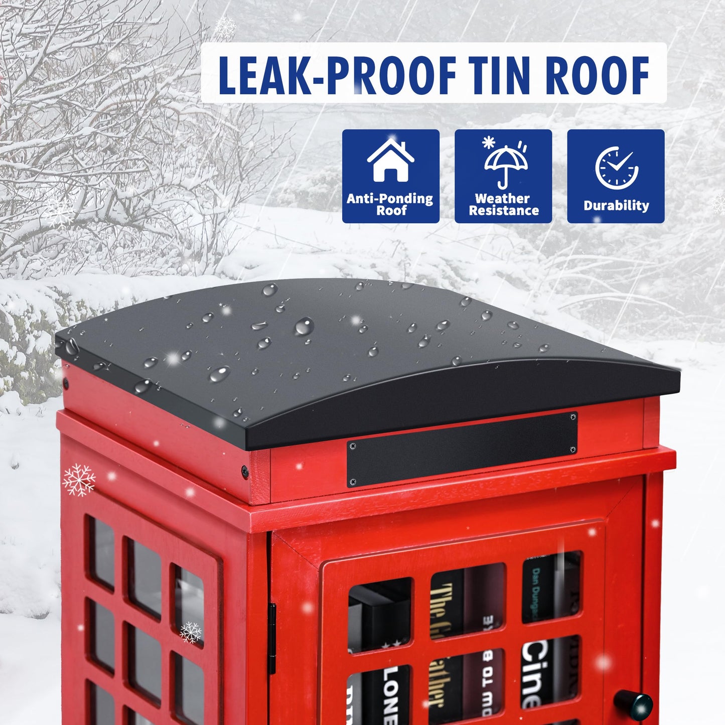 Outdoor Book Sharing Box, Waterproof Tin Roof Wooden Book Exchange Cabinet for Communities, Neighborhoods, and Schools, DIY Literature Storage for Books, Magazines, and Art (Red Telephone Booth)