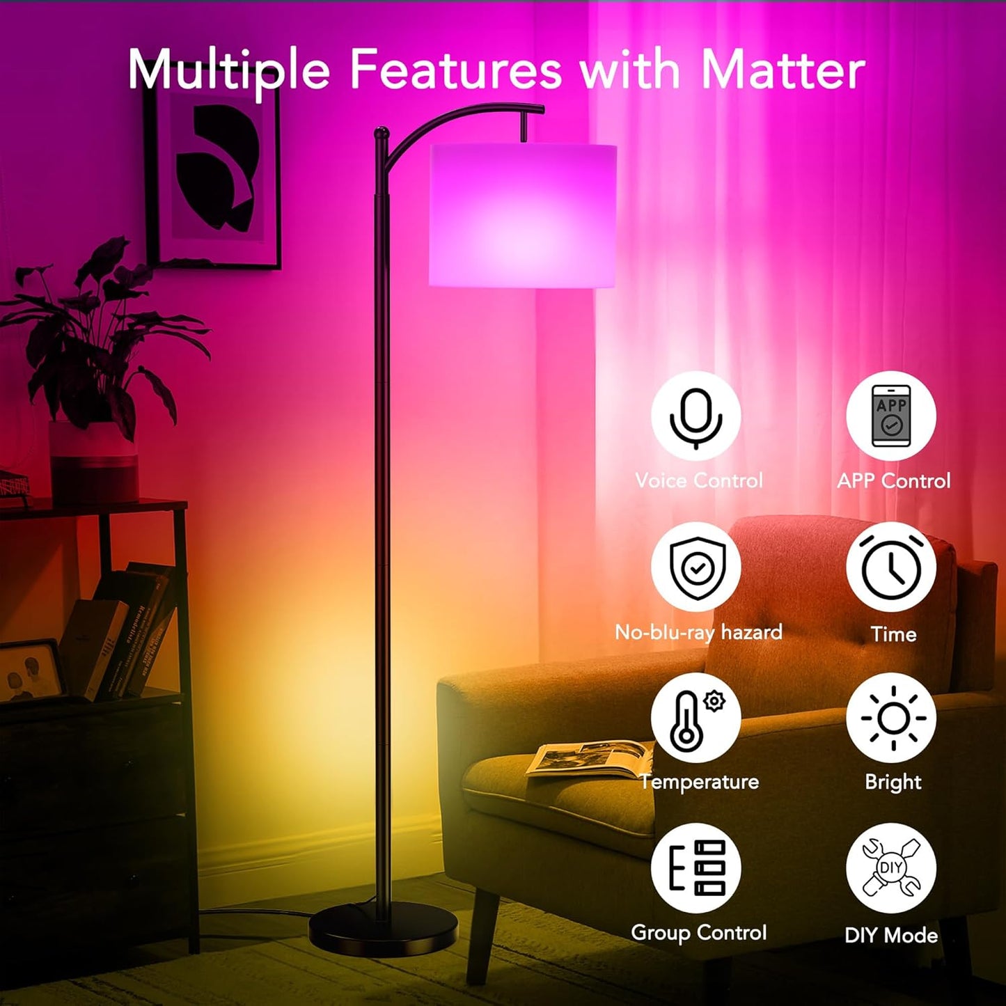 ROTTOGOON Floor Lamp for Living Room with 3 Color Temperatures LED Bulb, Standing Lamp Tall Industrial Floor Lamp Reading for Bedroom, Office (9W LED Bulb, Beige Lampshade Included) -Black