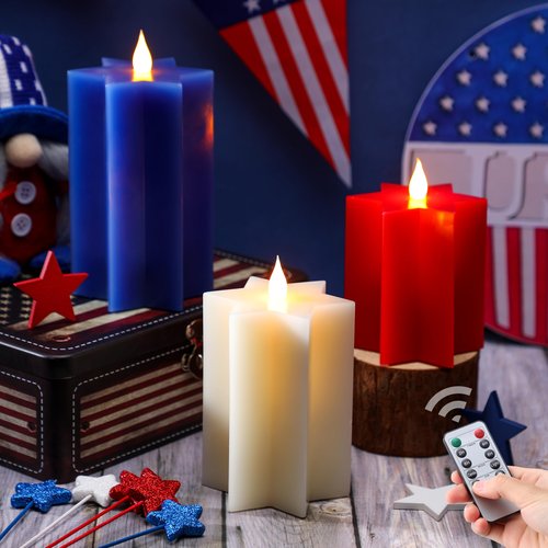 4th of July Patriotic Flameless Candles – Set of 3 Red White Blue Flameless LED Pillar Candles with Remote, Timer, Flicker Mode, Made of Paraffin and Battery Powered for Indoor Independence Day Decor