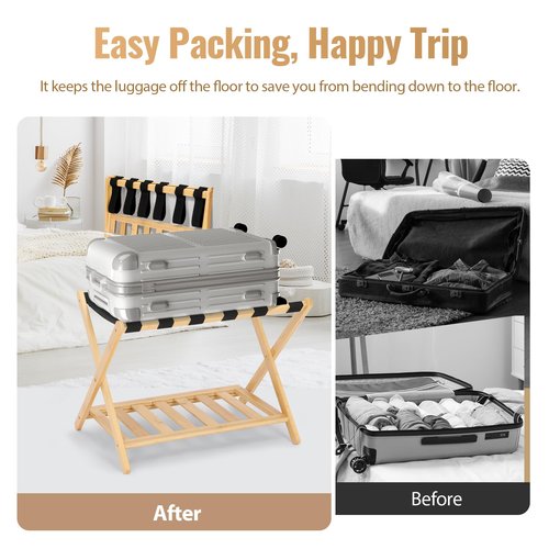 Lynxor 2-Pack Folding Luggage Racks, Foldable Bamboo Suitcase Stand with Storage Shelf, Luggage Holder with 6 Nylon Straps for Hotel Guest Room Bedroom, Nature 2Pcs