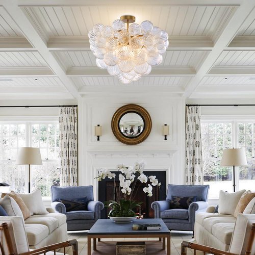 BeyPan Semi Flush Mount Ceiling Bubble Ball Chandelier Lighting Dia 20 Inch Gold Clear Ribbed Blown Glass Chandeliers Ceiling Mount Light Fixtures for Bedroom, Living Room, Entry, Bathroom