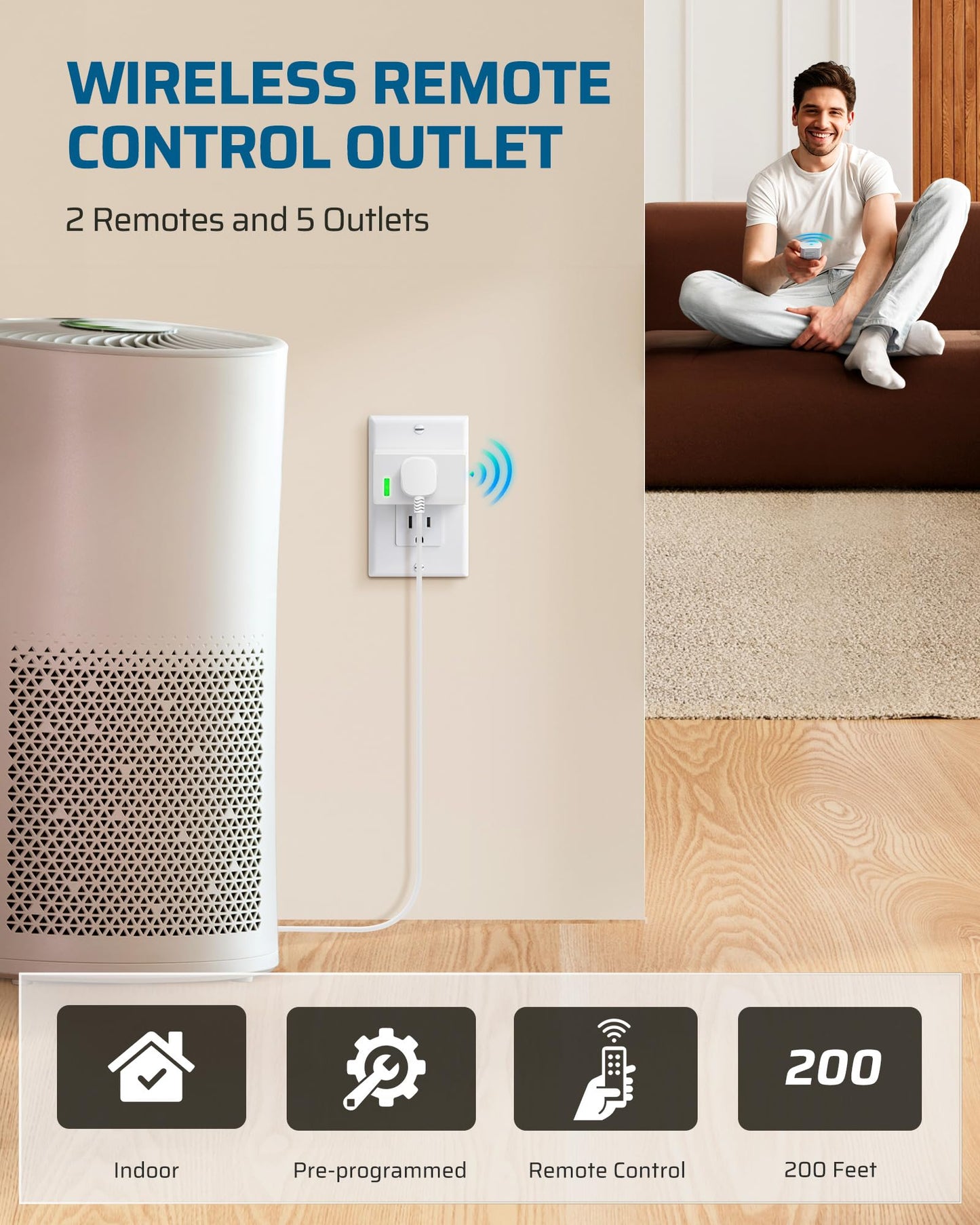 DEWENWILS Remote Control Outlet, Remote Control Outlet Plug 200FT Range, Indoor Wireless Remote Outlet Switch for Lamps, Fans, Christmas Lights, 15A/1800W，FCC & ETL Listed (5 Outlets + 2 Remotes)