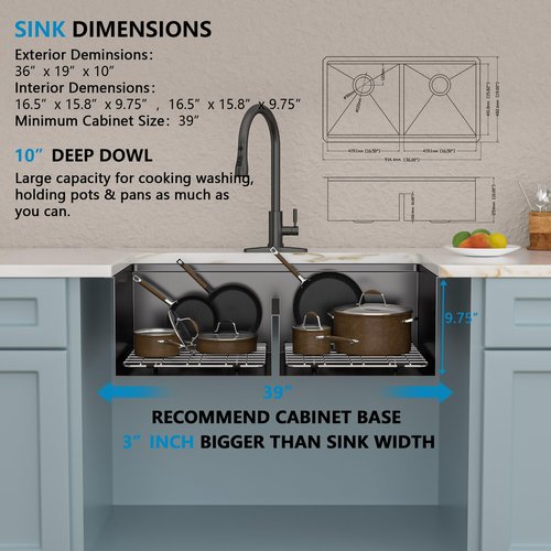 Fulorni 36"x19" Undermount Double Bowl Kitchen Sink Workstation - Gunmetal Black NANO-PVD, 16 Gauge 304 Stainless Steel, Under Counter Low Divide 50/50 Split Basin for Kitchen