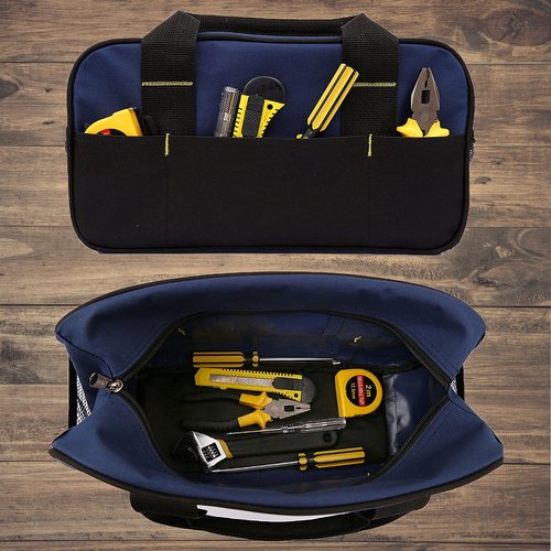 FASTECH 14 Inch Small Tool Tote Bag, Wide Mouth Tool Tote Bag, Waterproof Tool Organizer Bag, Multi-Pockets Wide Mouth Tool Tote For Man/Woman (Blue)