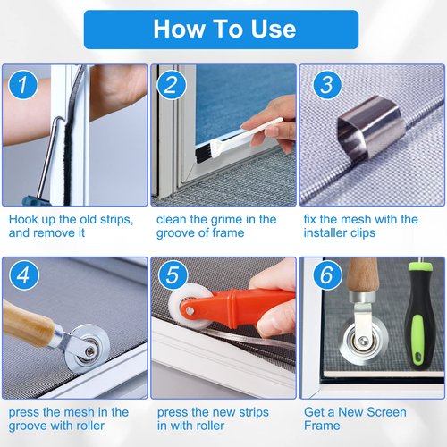 Window Screen Repair Kit Mesh Screen Spline Roller Repair Tools Kit with Screen Installer Clips, Metal and Plastic Spline Fixing Tool Kit for Window Screen (Colorful)