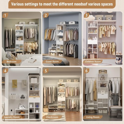 Benass Wood Closet Organizer System, Closet Organizer with 3 Hanging Rods & 1 Wooden Drawer – Adjustable Closet System for Walk-In Closets, Wood Shelves, Fits Spaces 3-8ft, Pure White