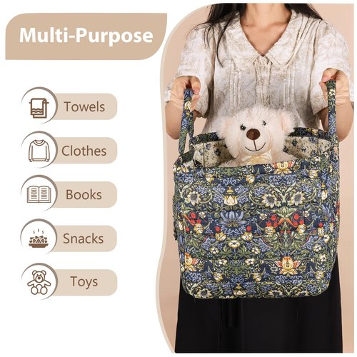 Storage Basket Boho Fabric Large Collapsible Floral Laundry Nursery Hamper Portable Folding Storage for Clothes Toys (Blue)
