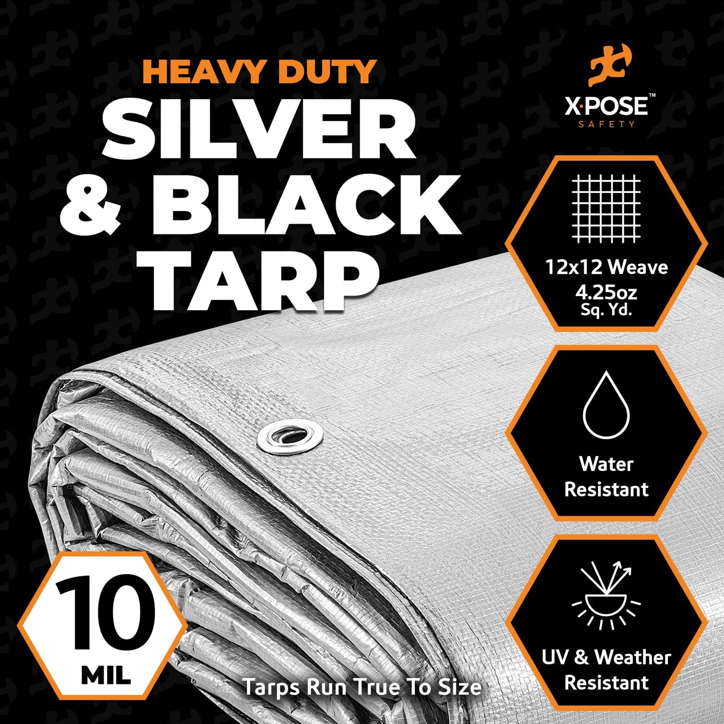 Heavy Duty Poly Tarp - 6' x 8' - 10 Mil Thick Waterproof, UV Blocking Protective Cover - Reversible Silver and Black - Laminated Coating - Grommets - by Xpose Safety