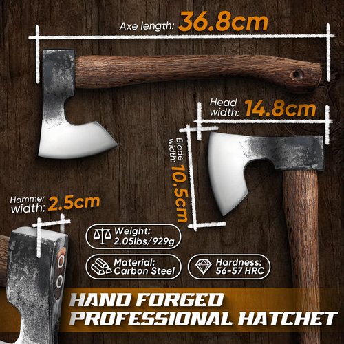 Dream Reach 14.5"" Camping Hatchet with Sheath, Bushcraft Axe with Carbonized Handle, Hand Forged Carving Axe, Splitting Hatchet for Chopping Wood, Gardening, Black