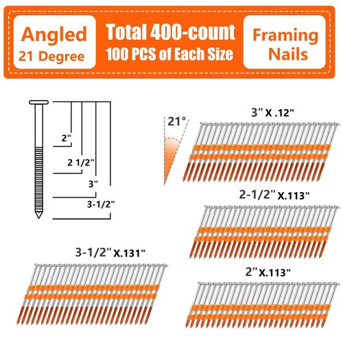 SITLDY 21 Degree Framing Nails 400 Count, 4 SIZES (2"+2-1/2"+3.0"+3-1/2" Ring Shank), Full Round Head Hot Dipped Galvanized, 100 per Size, Assorted Size, for 20 to 22 Degree Framing Nailer