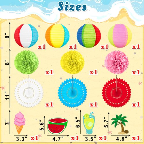 14Pcs Beach Party Decorations Paper Lanterns Fans Pom Poms Hanging Swirls - Luau Pool Summer Hawaiian Tropical Themed Decor for Home Birthday Outdoor Indoor