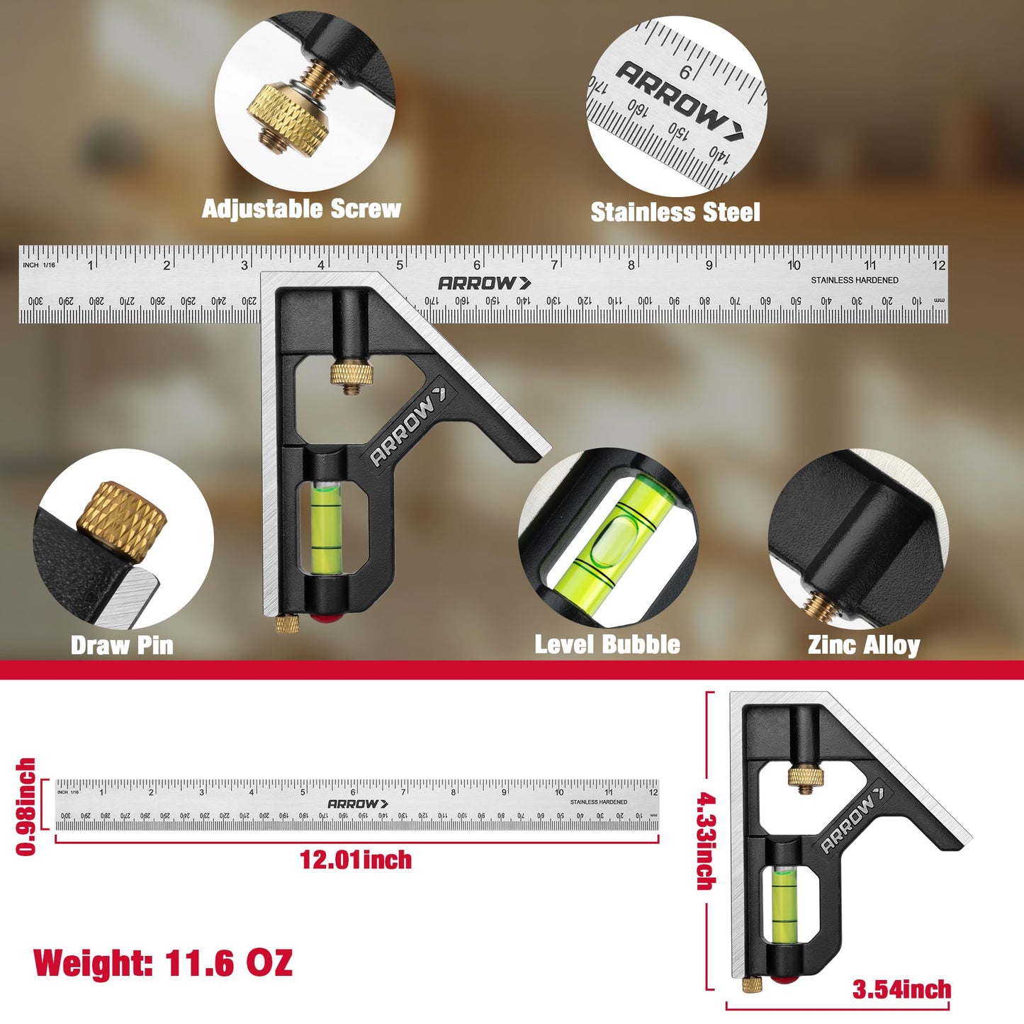 Arrow Combination Square, 12-Inch Combo Square with Stainless Steel Ruler, Zinc Alloy Body and Bubble Level for Carpenters and Craftsmen