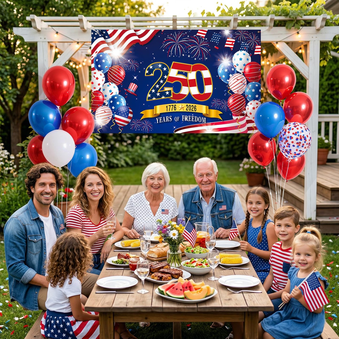 250th Anniversary American Backdrop, 4th of July Party Decorations,1776-2026 250th Birthday Fabric Banner with Grommets, Independence Day Decorations for Outdoor, Indoor, Yard, Garden, Porch