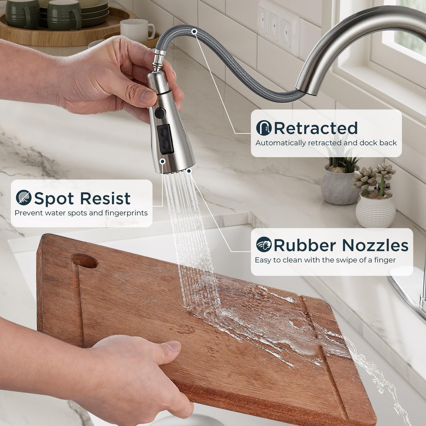 QFN Kitchen Faucet with Pull Down Sprayer Brushed Nickel, High Arc Single Handle Single Level Stainless Steel Pull Out Sink Faucet for Farmouse Camper RV Bar, Fit for 1 or 3 Hole