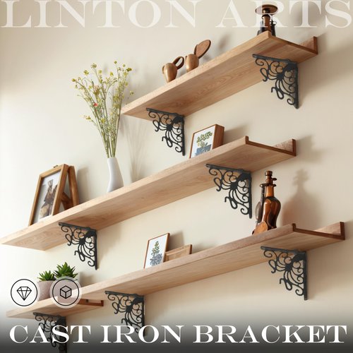 Linton Arts Octopus Cast Iron Shelf Brackets – 7.04"x7.04" Decorative Metal Corner Brackets for Wall Mounted Shelves – Nautical Themed Support with Screws, Set of 2