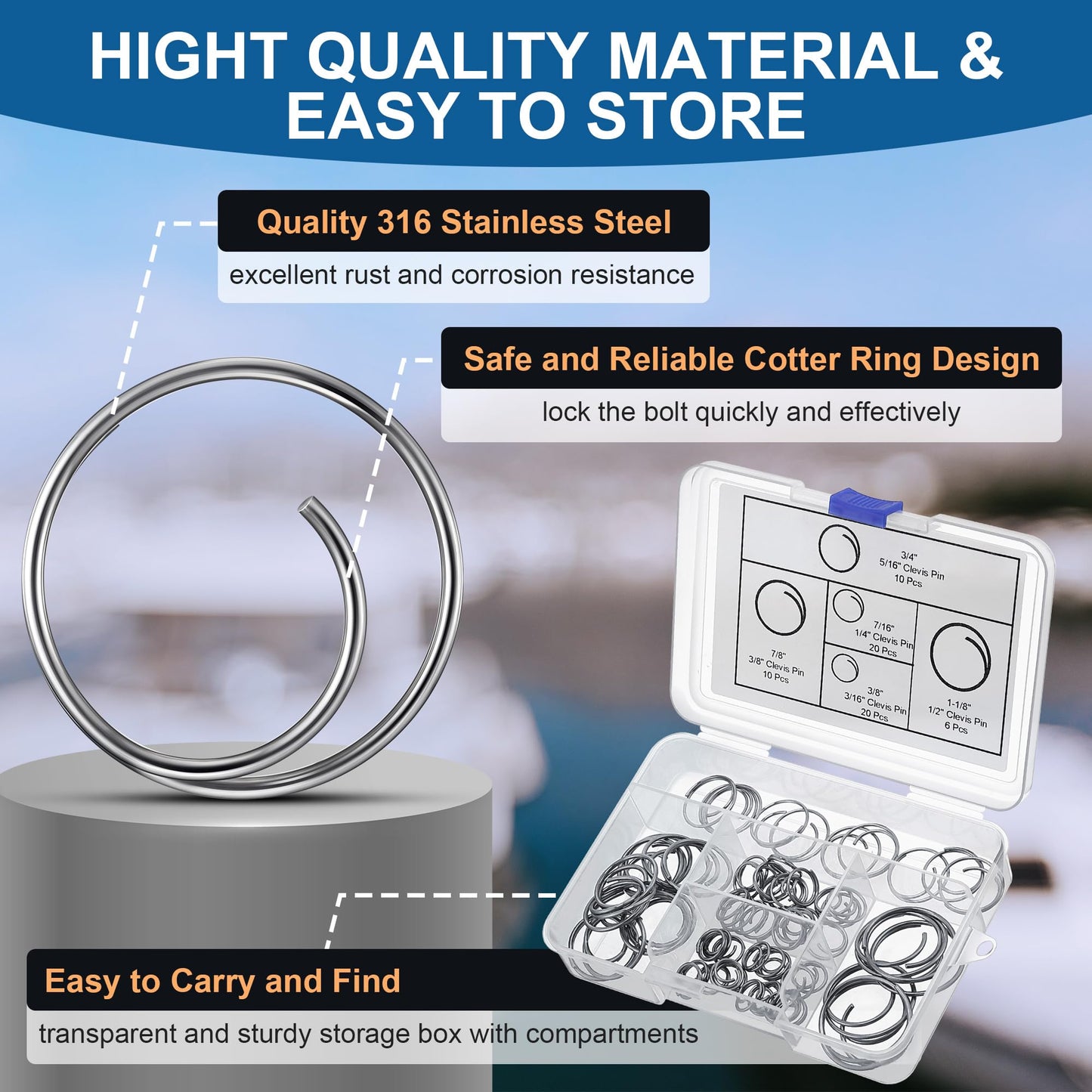 Dunkive 66 Pcs 5 Sizes Stainless Steel Cotter Ring Kit, Durable 316 Stainless Steel Split Rings Secure Popular Sizes of Clevis Pins, Corrosion Resistant Marine Hardware for Hitch Pin Lock Systems