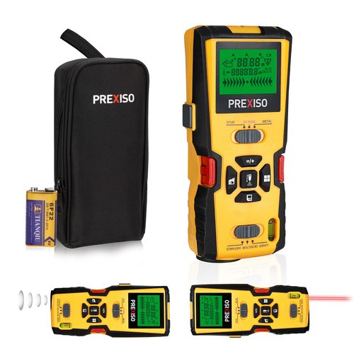 PREXISO 5-in-1 Stud Finder with Laser Level Marking & Ultrasound Distance Measure - Wall Scanner Beam Finders for Dry Interior Walls, Metal Studs - Area, Volume, Addition | Wood, AC Wire Detector