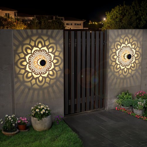 EKQ Solar Fence Lights 2 Pack Outdoor Deck Step Wall Lights Metal Waterproof LED Warm Yellow Light for Garden Post Patio Backyard Yard Decor (Mandala-1)