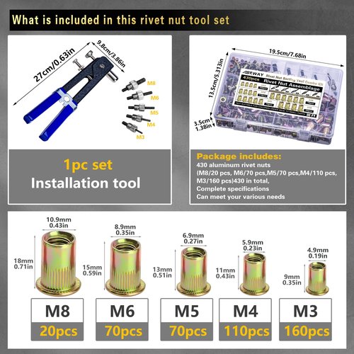 ASKWAY Pressure Rivet Nut Tool Kit, 430Pcs Metric Rivet Nut Combination (M8/M6/M5/M4/M3), Suitable for Furniture, Decoration, Automotive, Marine and Industrial Applications