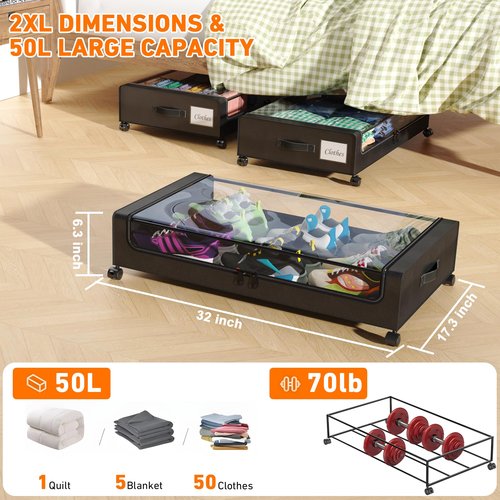 Under Bed Storage with Wheels, 1 Pack Under Bed Storage Containers with Clear Lids,Under the bed storage Organizer Bins, Rolling Under Bed Metal Drawer for Clothes,Shoes,Toys (Dark Black)