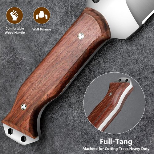 Heavy Duty Machete Knife with Sheath, 0.22’’ 5CR15MOV Stainless Steel Blade Spine & Wood Handle, Full Tang Survival Machete for Cutting Trees Heavy Duty, Gardening Machetes for Yard Work, Gift for Men