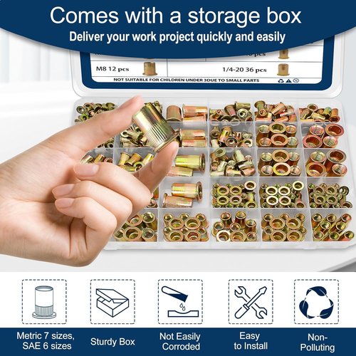Vifmy Metric & SAE Rivet Nut Assortment Kit(420 Pcs),m3 m4 m5 m6 m8 m10 m12#6-32#8-32#10-24 1/4"-20 5/16"-18 3/8"-16 UNC Flat Head Rivnut Set,Zinc Plated Finish Carbon Steel Nutsert