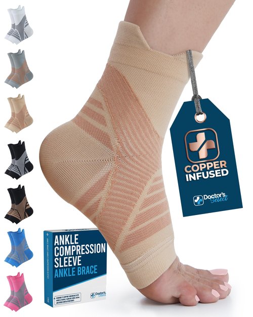 Doctor's Select Copper Ankle Compression Sleeve - Toeless Compression Socks, Copper Ankle Brace for Women, Ankle Support for Men, Compression Socks for Plantar Fasciitis, Beige