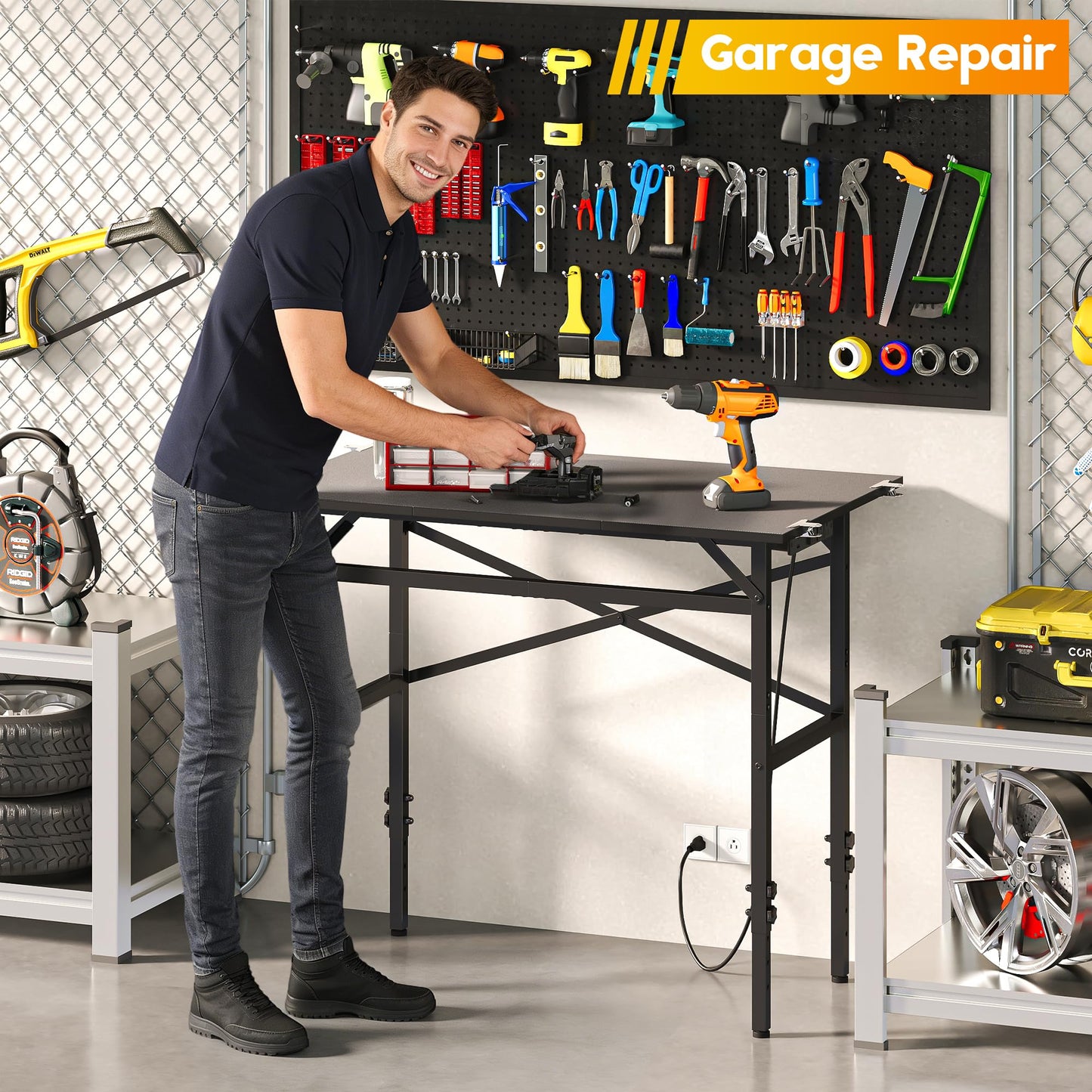 Small Workbench, 1000 Lbs Metal Work Benches for Garage, 38.58" Adjustable Work Table with Power Strip Sewing Table Workshop Home DIY