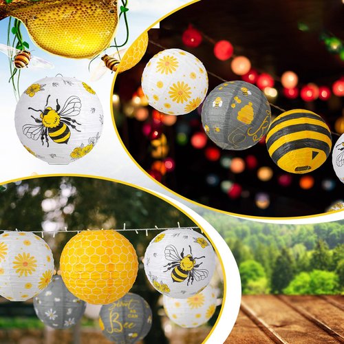 Panelee 12 Pcs Bee Paper Lanterns Party Decorations 8 Inch Hanging Round Hanging Paper Party Decorations for Holiday Indoor Outdoor Supplies