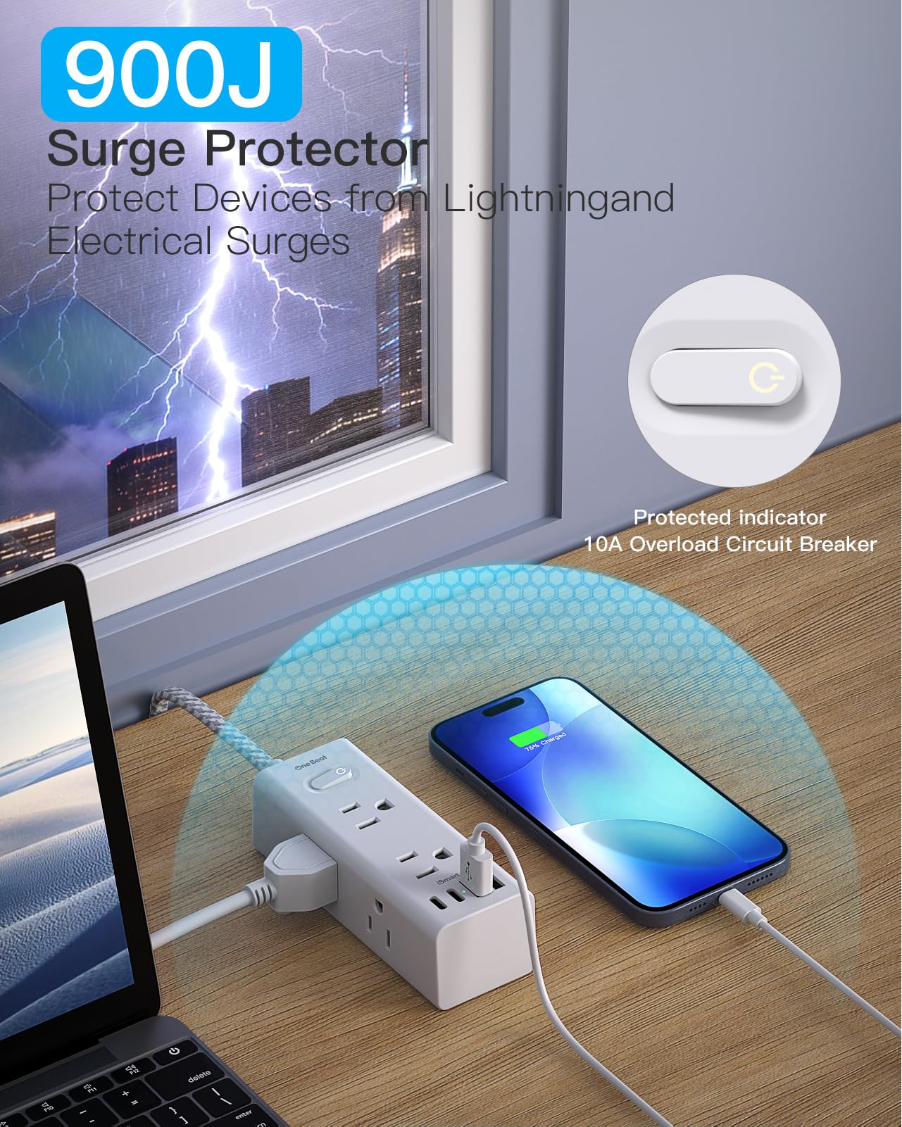 Flat Plug Extension Cord 5Ft, One Beat 5 Feet Surge Protector Power Strip with 6 Widely Outlets 4 USB Ports (2 USB C), 3 Way Wall Outlet Extender Extension Cord for Home Office College Dorm Room