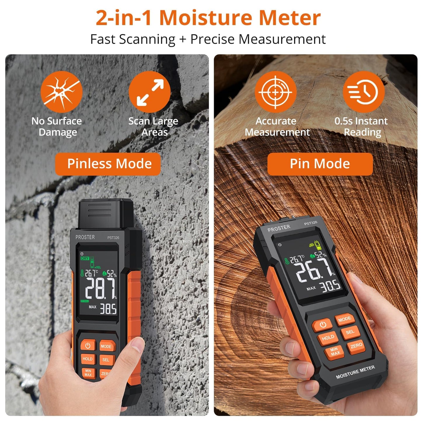 Proster Moisture Meter 2 in 1 Pin & Pinless Moisture Tester Digital LCD Display Dampness Detector for Wood Drywall Masonry Building Materials, Water Leak Detector for Home Inspection, DIY Woodworking