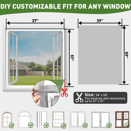 HOFUDON Window Screen Adjustable Magnetic Window Screen Replacement Max 39” x 59”, DIY Fiberglass Mesh Window Screens for House Windows White Frame Grey Mesh
