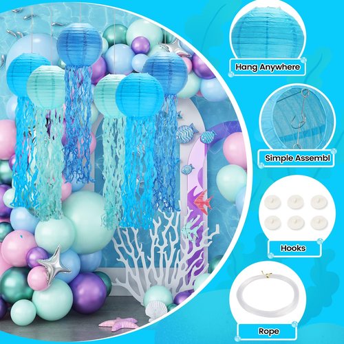 Jellyfish Paper Lanterns,Under The Sea Party Decorations 6Pack with String and Hooks,Hanging Jelly Fish for Mermaid,Ocean Themed,Birthday,Party(Blue 8Inch)
