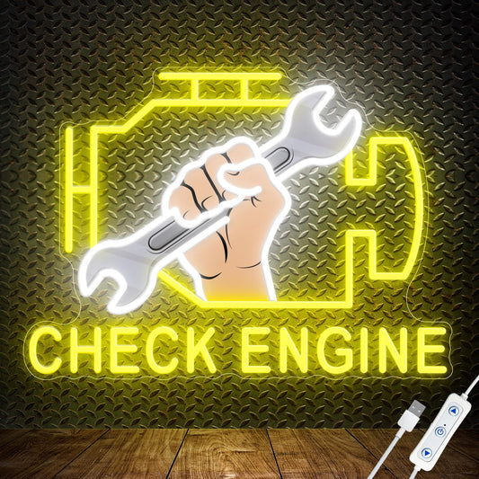 Check Engine Neon Signs for Wall Decor, LED Garage Neon Light Sign for Wall Decor, Christmas Gift for Dad, Boy, 15 * 11 inch USB Powered Neon Sign for Man Cave Auto Repair Shop Workshop Party