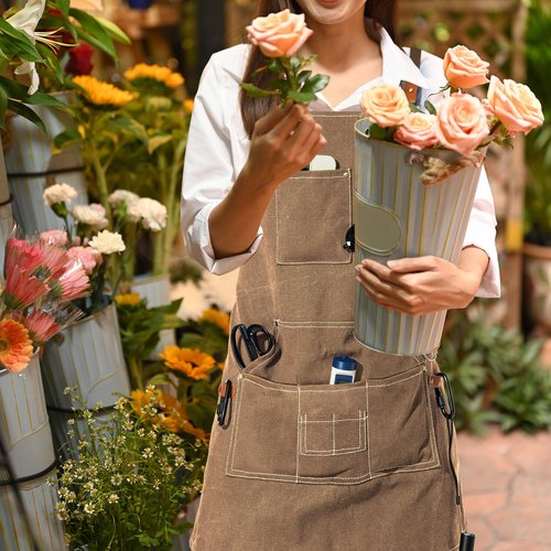 FOTVEFLEIR Chef Apron for Men Women with 7 Tool Pockets, Cotton Canvas Cross Back Water-resistant Work Apron, Size M to XXL (Brown)