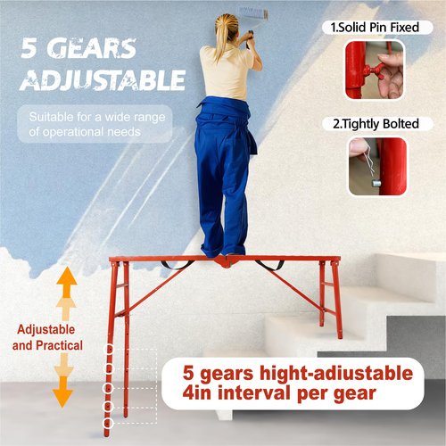 LEADALLWAY Scaffolding Platform 59''(L) x15''(W) x30''(H) Folding Adjustable Scaffolding for Stairs Portable Work Platform Ladder 770 LBS Capacity,Red
