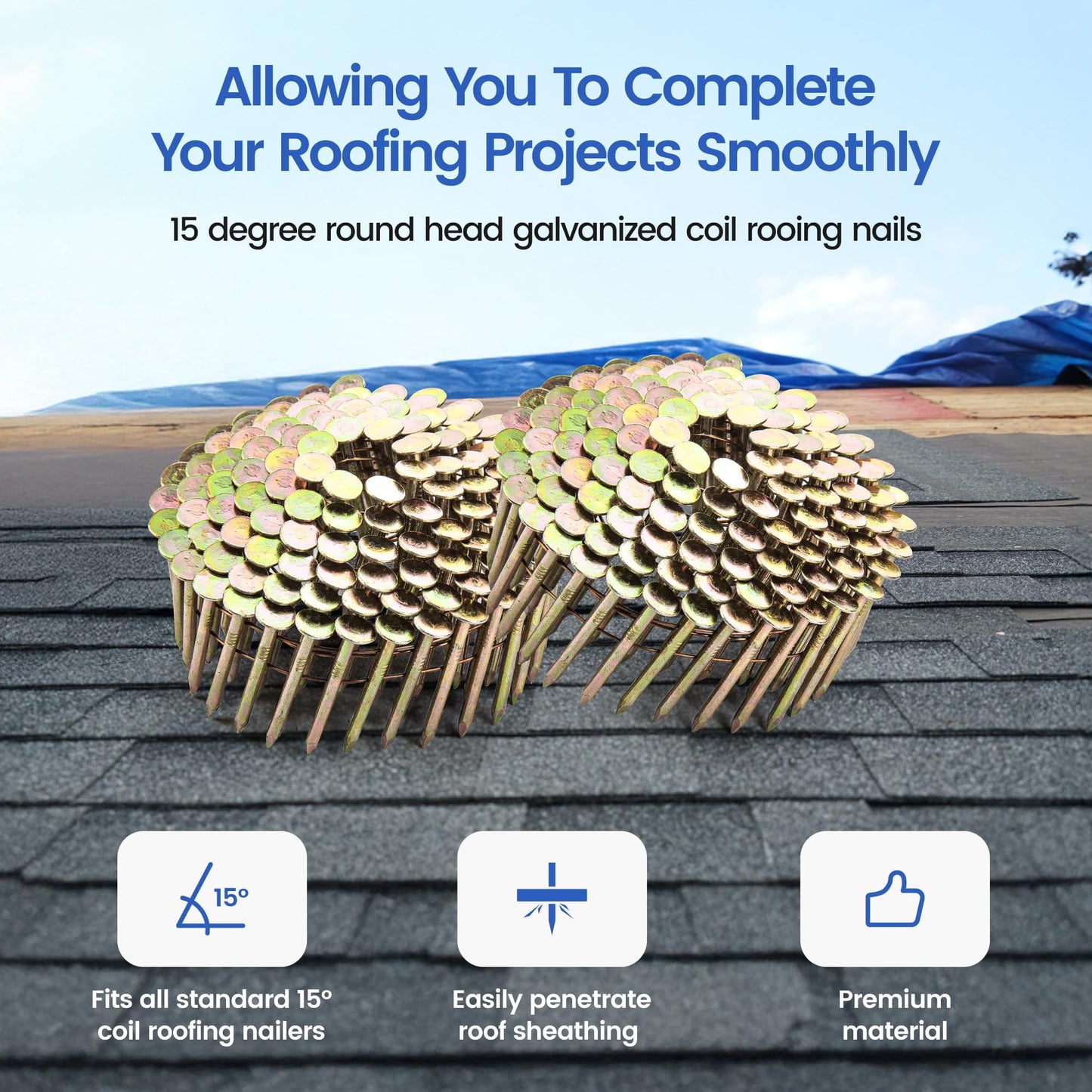 meite Roofing Nails 15 Degree Electro Galvanized Coil Nails 1-1/2-Inch, Rust-Proof Big Head Roofing Nails for Electric or Pneumatic Nailer Gun, Wire-Collated Coil Nails for Lathing Sheathing, 7200PCS