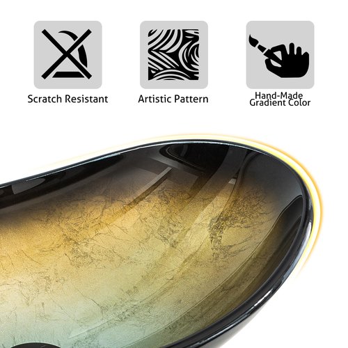 eclife 21.5" Bathroom Vessel Sink Modern Artistic Single Champagne Boat Tempered Glass Basin Countertop Bowl Sink for Lavatory Vanity Cabinet, W/Water Save Faucet Pop Up Drain (A29CH)