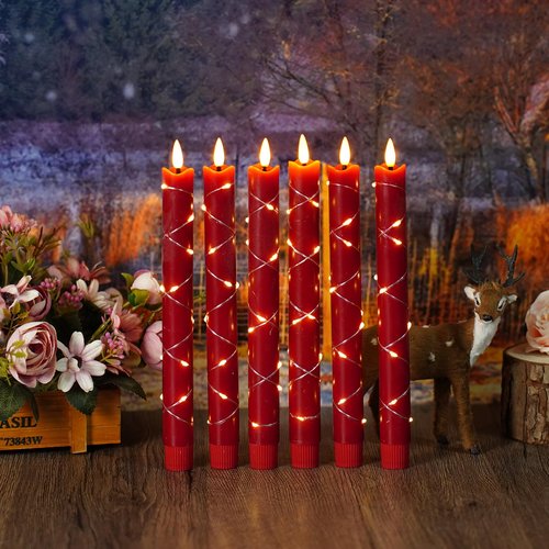 JINYANIA Flameless Taper LED Candles with Embedded Star String, Flickering Battery Operated Real Wax Candles with Remote Timer, 6pcs（0.78X9.64 Inch） for Romantic Ambiance and Home Decoration（Red）