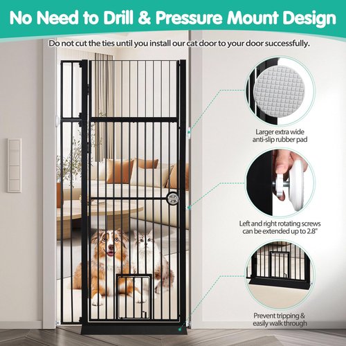 71" Extra Tall Pet Gate with Cat Door, 30"-39.69" Adjustable Wide, No Drill Pressure Mounted Auto-Close Safety Pet Gate Walk Through Safety Cat Gate