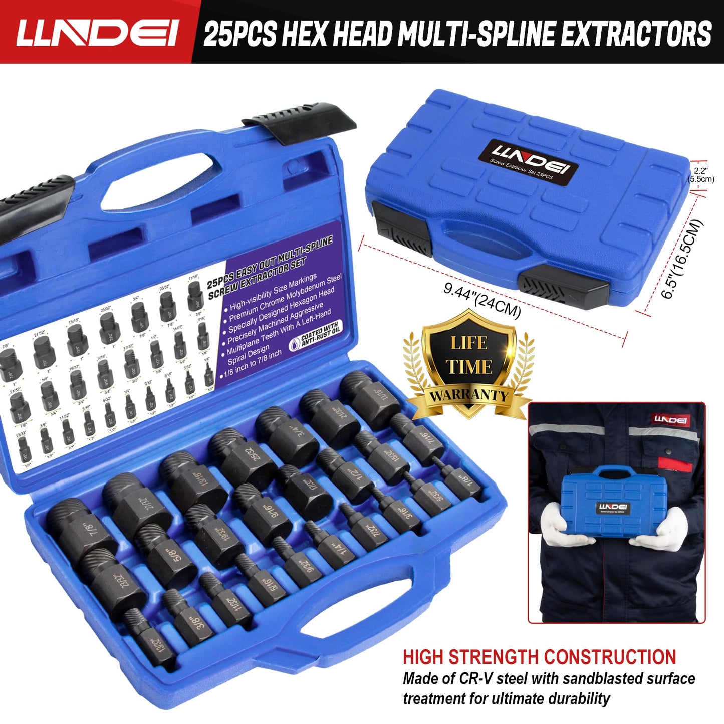 LLNDEI Screw Extractor Set Hex Head Multi-Spline Easy Out Bolt Extractor Set, EZ Out Rounded Screw Remover, 1/8 Inch to 7/8 Inch in 1/32-Inch Increments, CR-MO, 25 Pieces, Stripped Fastener Tool