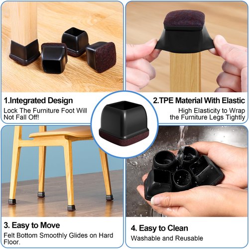 16 Pcs Chair Leg Floor Protectors for Hardwood Floors - Square Silicone Covers with Felt Pads, Protect Floors, Reduce Noise (Black, Fit: 3/4" to 1")