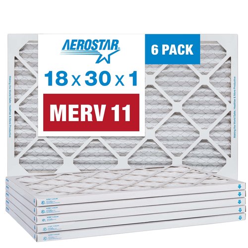Aerostar 18x30x1 MERV 11 Pleated Air Filter, AC Furnace Air Filter, 6 Pack (Actual Size: 17 3/4" x 29 3/4" x 3/4")