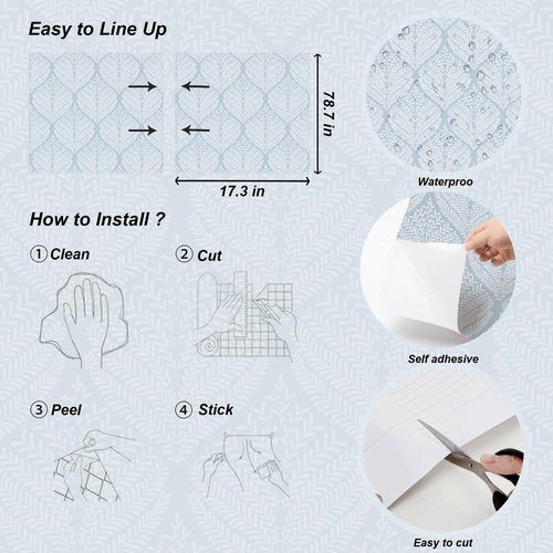 Modern Peel and Stick Wallpaper Blue and White Wall Paper 17.3"x78.7" Self-Adhesive Removable Contact Paper Boho Wallpaper Leaf Geometric Decorative for Bedroom Bathroom Cabinets Decor Vinyl Roll