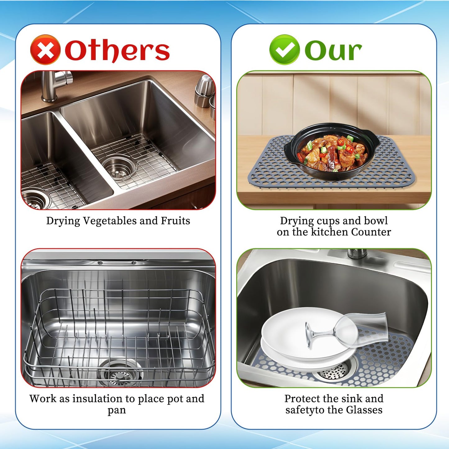 3pcs Grey Kitchen Sink Mats and Sink Saddle Set,13.38 X 11.4inch Non-Slip Heat Resistant Silicone Sink Mat Sink Bottom Grid Sink Divider Center Drain